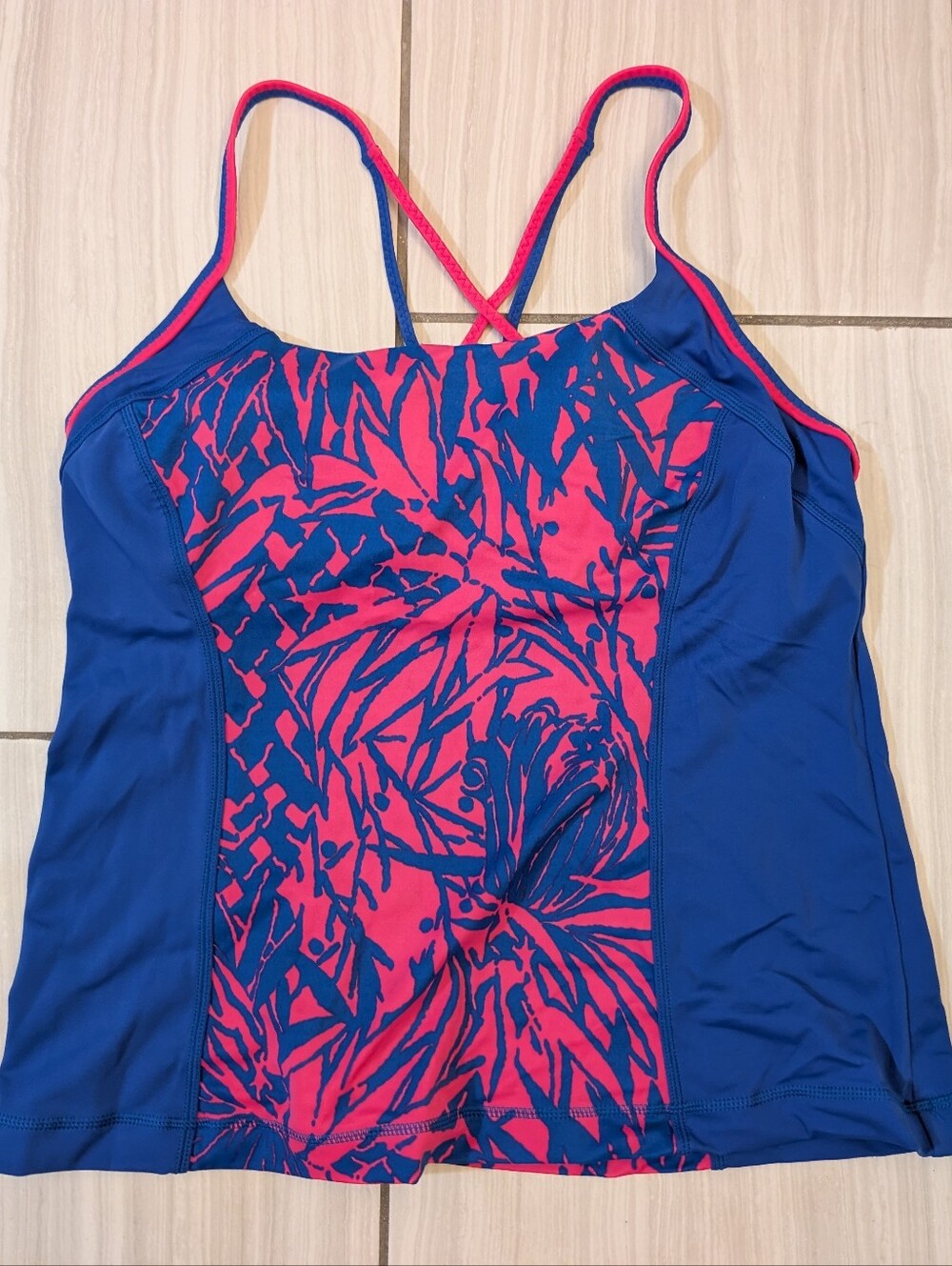 NWT Lands' End 14 D Cup Tankini Swimsuit Top Pink Blue Print Sporty Flutter UPF